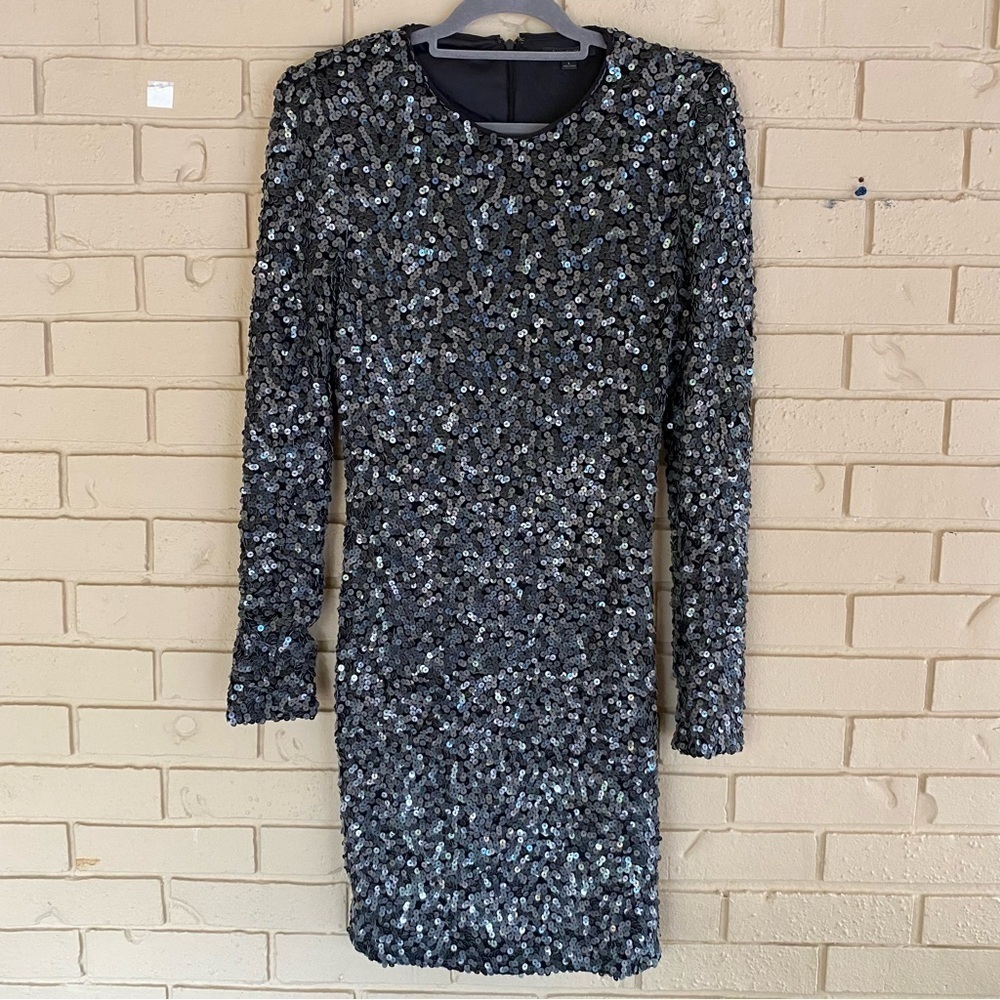 Rachel Zoe Womens Sz Large Sequins Long Sleeve Mini Dress Pewter Cocktail Party